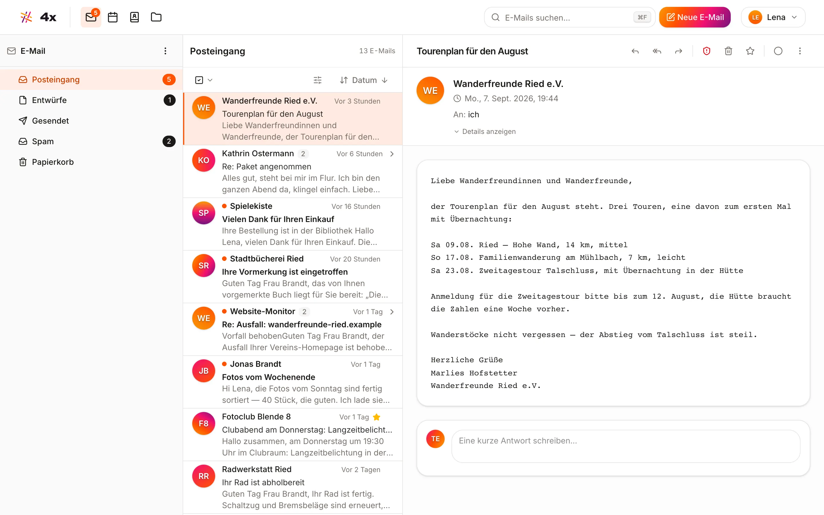 Das 4x-Webmail: Posteingang mit geöffneter E-Mail